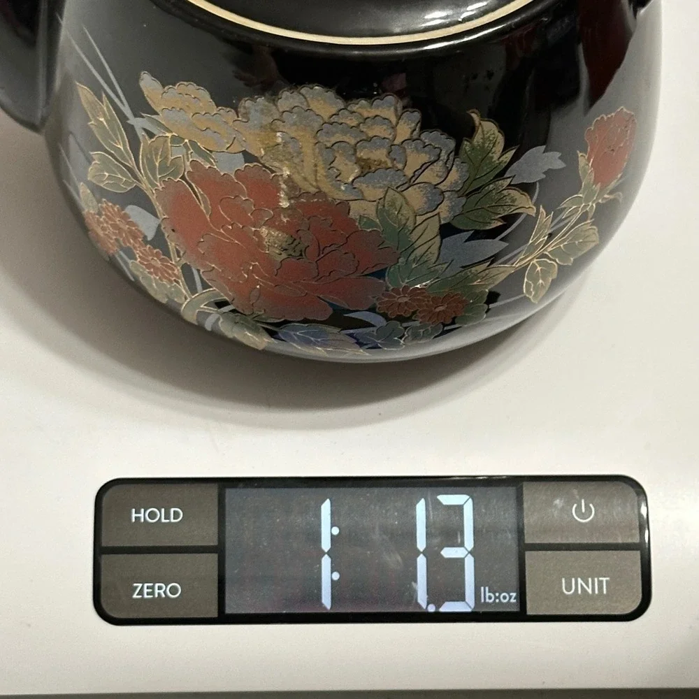 Japan Floral Peony Ceramic Teapot with Rattan Handle Black Vintage 4in